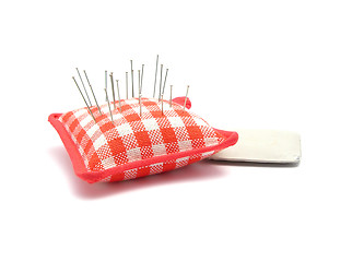 Image showing Pin cushion with pins and chalk