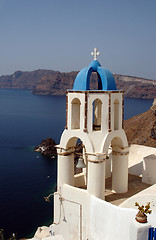 Image showing greek church bell tower over sea