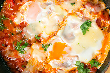 Image showing Eggs in purgatory or shakshouka close up