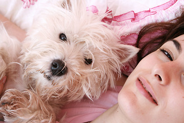 Image showing Dog sleeping on bed 