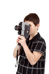 Image showing young boy with old vintage analog 8mm camera