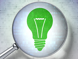 Image showing Finance concept: Light Bulb with optical glass on digital background