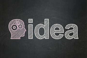 Image showing Advertising concept: Head With Gears and Idea on chalkboard background