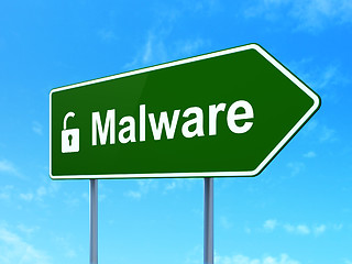 Image showing Security concept: Malware and Opened Padlock on road sign background