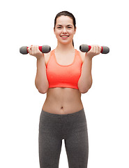 Image showing young sporty woman with light dumbbells