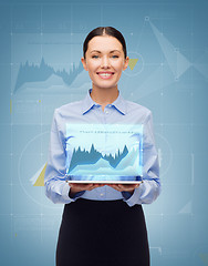 Image showing smiling businesswoman with tablet pc computer