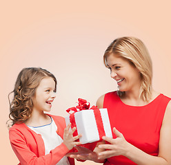 Image showing smiling mother and daughter with gift box