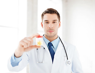 Image showing male doctor with jar of capsules