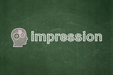 Image showing Marketing concept: Head With Gears and Impression on chalkboard background