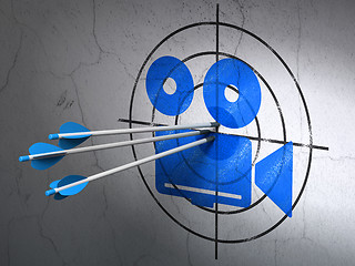 Image showing Travel concept: arrows in Camera target on wall background