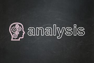 Image showing Marketing concept: Head With Gears and Analysis on chalkboard background