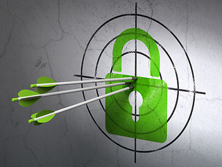 Image showing Security concept: arrows in Closed Padlock target on wall background