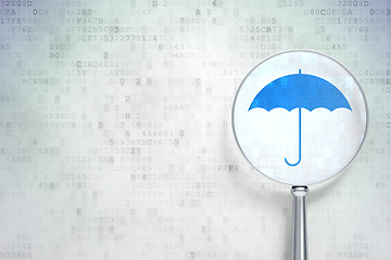 Image showing Protection concept:  Umbrella with optical glass on digital background