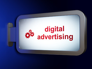 Image showing Advertising concept: Digital Advertising and Gears on billboard background