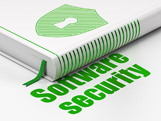 Image showing Safety concept: book Shield With Keyhole, Software Security on white background