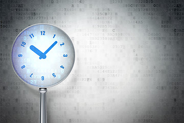 Image showing Timeline concept:  Clock with optical glass on digital background