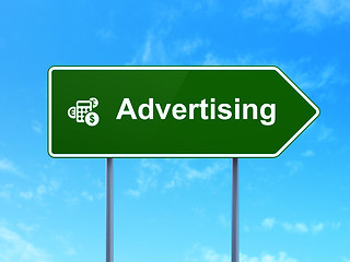 Image showing Advertising concept: Advertising and Calculator on road sign background