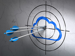 Image showing Cloud technology concept: arrows in Cloud target on wall background