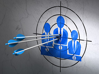 Image showing Marketing concept: arrows in Business Team target on wall background