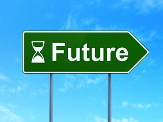 Image showing Timeline concept: Future and Hourglass on road sign background