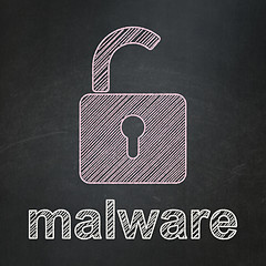 Image showing Security concept: Opened Padlock and Malware on chalkboard background