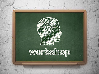 Image showing Education concept: Head With Light Bulb and Workshop on chalkboard background