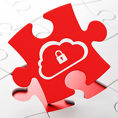 Image showing Cloud computing concept: Cloud With Padlock on puzzle background