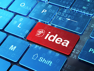 Image showing Advertising concept: Head With Gears and Idea on computer keyboard background