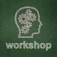 Image showing Education concept: Head With Gears and Workshop on chalkboard background