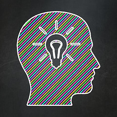 Image showing Marketing concept: Head With Light Bulb on chalkboard background