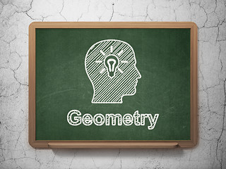 Image showing Education concept: Head With Light Bulb and Geometry on chalkboard background