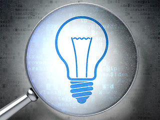 Image showing Finance concept: Light Bulb with optical glass on digital background