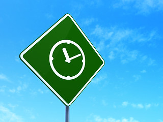 Image showing Timeline concept: Clock on road sign background