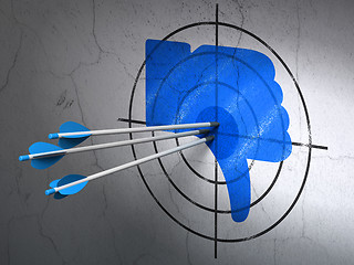 Image showing Social network concept: arrows in Thumb Down target on wall background