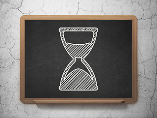 Image showing Time concept: Hourglass on chalkboard background