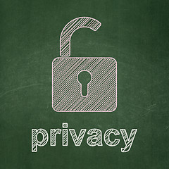 Image showing Security concept: Opened Padlock and Privacy on chalkboard background