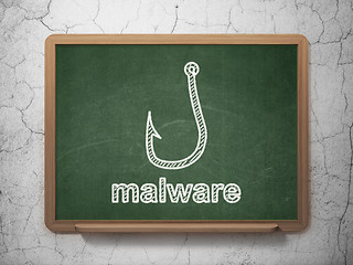 Image showing Security concept: Fishing Hook and Malware on chalkboard background