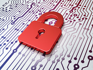 Image showing Protection concept:  Closed Padlock on Circuit Board background