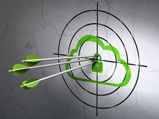 Image showing Cloud computing concept: arrows in Cloud With Padlock target on wall background