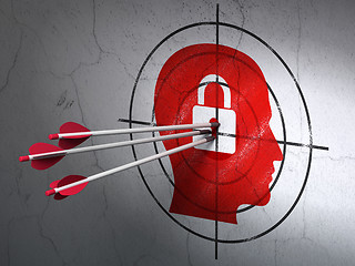 Image showing Business concept: arrows in Head With Padlock target on wall background