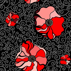 Image showing Red poppies on gray background. Seamless pattern