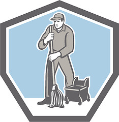 Image showing Cleaner Janitor Mopping Floor Retro Shield