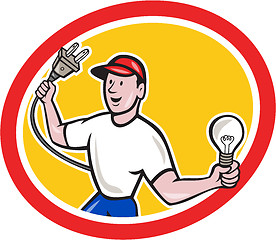 Image showing Electrician Holding Electric Plug and Bulb Cartoon