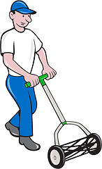 Image showing Gardener Mowing Lawn Cartoon