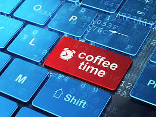 Image showing Time concept: Alarm Clock and Coffee Time on computer keyboard background