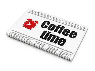 Image showing Timeline concept: newspaper with Coffee Time and Alarm Clock