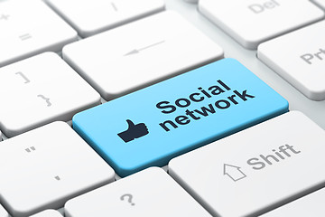 Image showing Social media concept: Thumb Up and Social Network on computer keyboard background