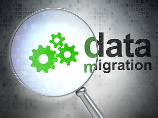 Image showing Data concept: Gears and Data Migration with optical glass