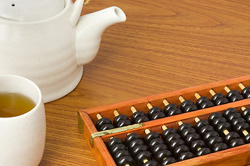 Image showing Abacus and chinese tea


