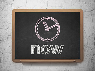 Image showing Time concept: Clock and Now on chalkboard background